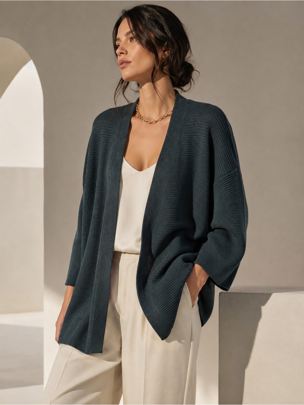 OAK + FORT Ribbed Open Front Cardigan | Grey | Size S | Minimalist Chic